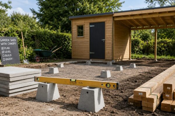 Zelf een tuinhuis met overkapping bouwen: stappenplan, maten en materiaal